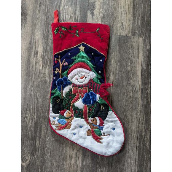 Vintage Blue Velvet Christmas Stocking Snowman Mouse 17" Holiday Festive - Picture 2 of 10